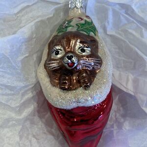 VTG Christopher Radko Ricky Raccoon in red bag Christmas 5" Glass Ornament 1994